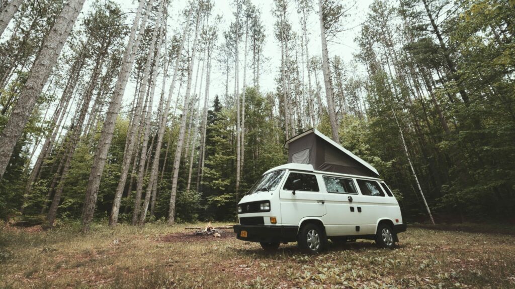Van blanc dans une forêt