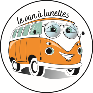 Van à lunettes dans un rond avec son nom sur fond transparent